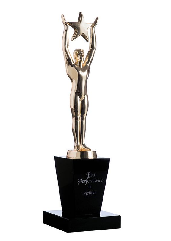 Gold oscar figurine with star on black crystal base Award 310mm